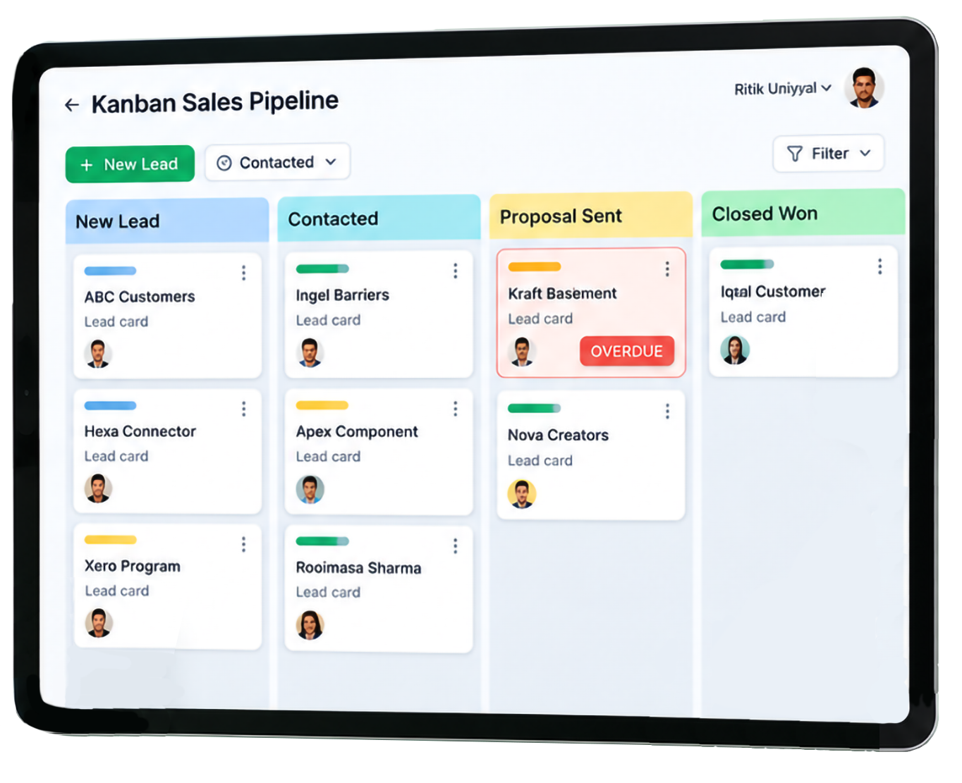 Kanban sales pipeline on a tablet