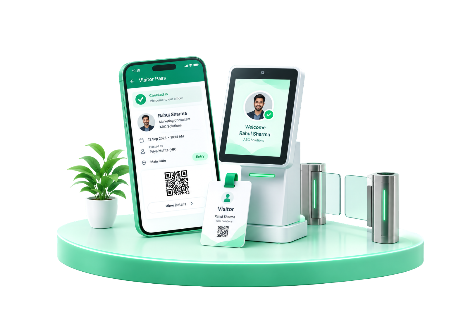 Visitor pass on phone, kiosk check-in and turnstile gate